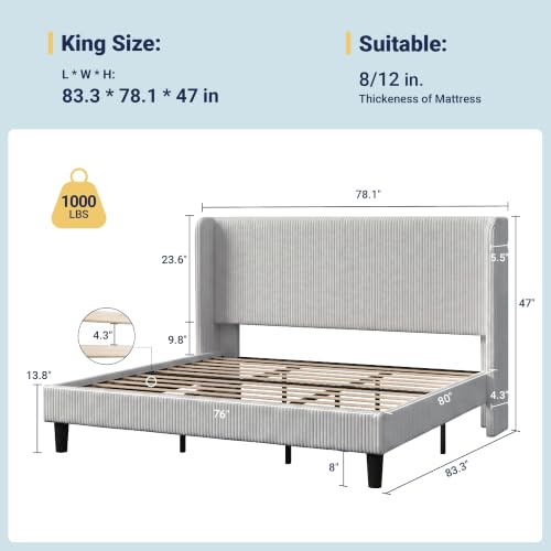 Image of Allewie King Size Platform Bed with Corduroy Wingback Headboard, Light Grey | 1000 lb Capacity, Corduroy Wingback Headboard, Vertical Channel Design, Wood Slat Support, No Box Spring Needed /Easy Assembly