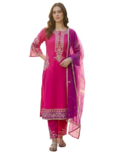 Image of INDO ERA Women's Silk Blend Embroidered Straight Kurta Pant with Dupatta