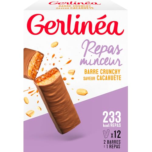 GERLINÉA – Barre Repas Crunchy Chocolat au Lait Cacahuète – Substitut de Repas Minceur Protéiné – Moins de 240 Kcal – Fabriqué en France – 12 Barres = 6 Repas, 372 g