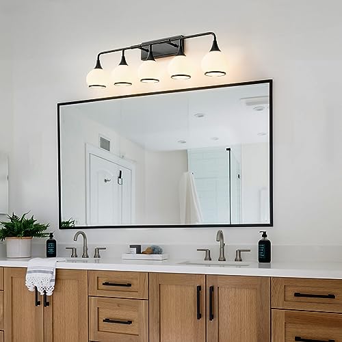 Image of Black Bathroom Light Fixtures 5-Lights Vanity Lights with Milky White Frosted Glass Shade Bathroom Vanity Light 39.2 inch Wall Sconce Lighting Bath(Exclude E26 Bulb)