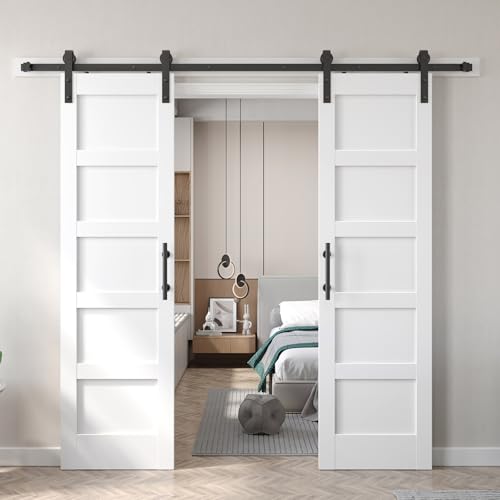 Image of Double 24x84 inch White Barn Door with 8FT Barn Door Hardware Kit Included,with MDF and Wood,DIY Assembly,5-Panel,48inch barn Door,Fit 45in-47in Opening