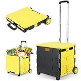 LEHOM Folding Shopping Cart with Wheels, Utility Rolling Crate Heavy Duty, Large Collapsible Teacher Cart with Telescopic Handle, Organizer and Storage for School, Office, Home, Grocery (Yellow-Black)