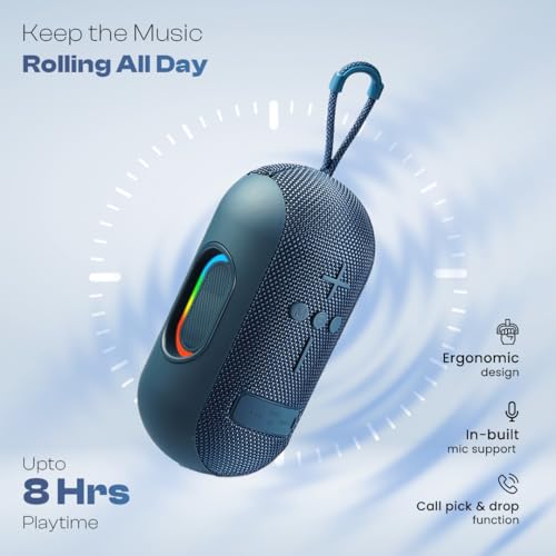 Image of LAPCARE Ozzie 10W Bluetooth Speaker with RGB Lights, TWS Stereo Sound, Dual Bass Radiators, Bluetooth 5.3, 8H Playtime, Portable Wireless Speaker with AUX & USB Support, Made in India - Blue