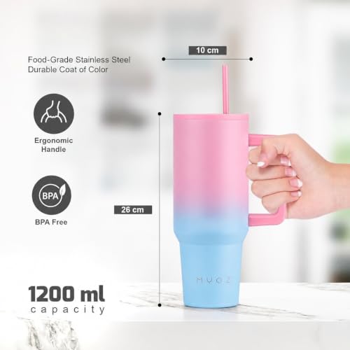 Image of MYOZ 1200ML Stainless Steel Water Mug with Handle, Lid, 2 Straws Leak-Proof Cupholder Tumbler for Gym, Travelling- Spill-Proof 40 oz Bottle (Bubblegum Swirl)