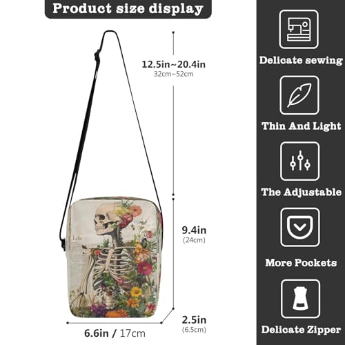 Crossbody Bag Gothic Skull Skeleton Newspaper Flower Messenger Bag for Women Men Purse Shoulder Bag Satchel Bag with Adjustable Strap 214B93903