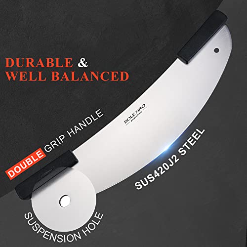 Bolexino 20" High Carbon Stainless Steel Pizza Cutter Rocker With Non-Slip Handle, Premium Knife Tools For Pizza And Bread, Professional Pizza Oven Accessories, Rocker Pizza Knife For Commercial, Home #TOP2