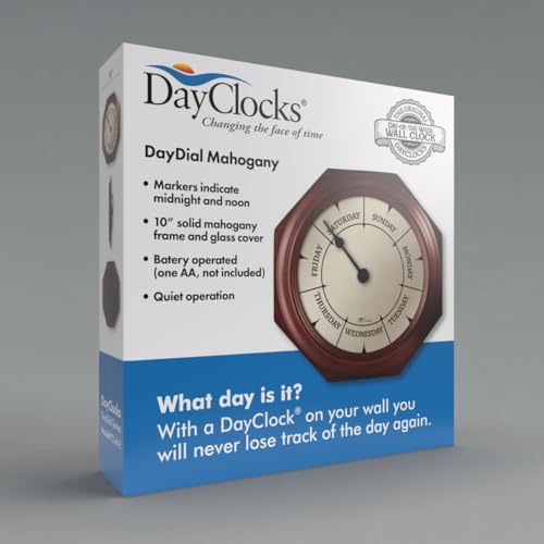 DayClocks Classic Day of The Week Wall Clock with Solid Wood Frame – Calendar Day Clock – Ideal Retirement Gift for Men & Women – Mahogany, 10"
