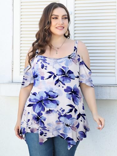 Image of LARACE Cold Shoulder Tops for Womens Summer Clothes Spaghetti Strape Tunic Oversized Shirts Asymmetrical Plus Size Blouse