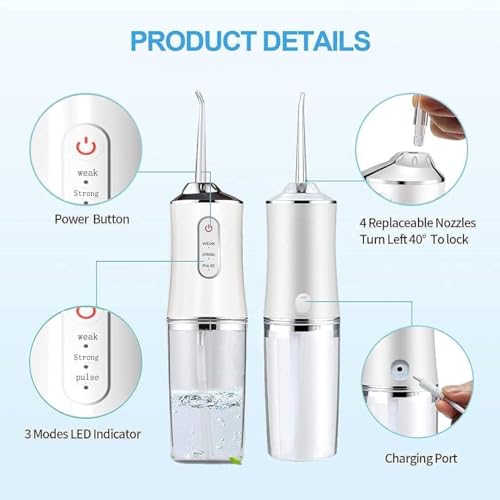 Image of BIGXEN Portable Dental Water Jet Oral Teeth Irrigator Waterproof Tooth Cleaner Oral Flosser 3 Modes And 4 Nozzels 220 ML (Water Dental Flosser - B, 230ml)
