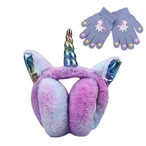 Chuangli Winter Unicorn Earmuffs & Glove Set, Cute Cartoon Foldable Earmuff Rainbow Ear Warmers For Girls/Women's Gift #TOP6