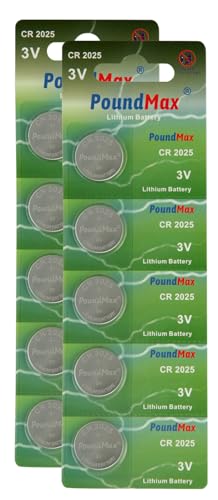 Poundmax Pila de Botón 10x CR2025 de Litio, Alto Rendimiento