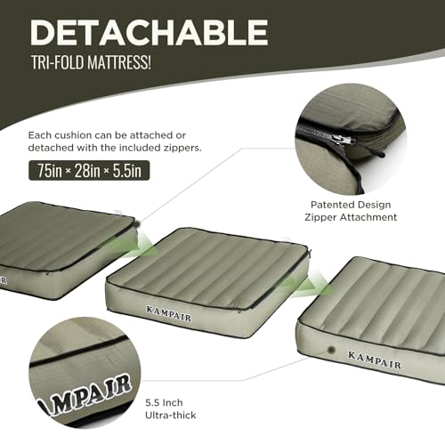 Image of Detachable Tri Folding Sleeping Pad for Camping, Ultra-Thick 5.5 Inch Air Mattress, Quick Inflate, Zipper Design for Detachment, Machine Washable, Family Pad for Camping & Traveling, Green