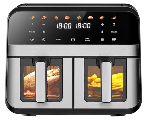 PRIJESSE Heißluftfritteuse | XXL 9 Liter | Heissluftfritteuse mit 2 Körben | 8-in-1 Digitale Airfryer | Smart Fritteuse | Backofen Ohne Öl | mit Digitalem Led Touchscreen | Spülmaschinenfest | 1800W