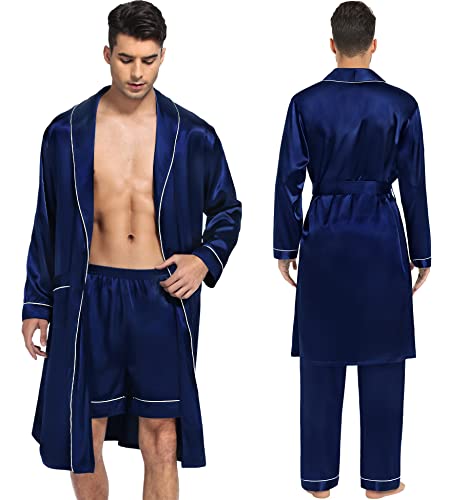 Swomog 3 Pcs Men's Satin Robes With Shorts And Pants Set Lightweight Sleepwear Silky Kimono Bathrobe #TOP4