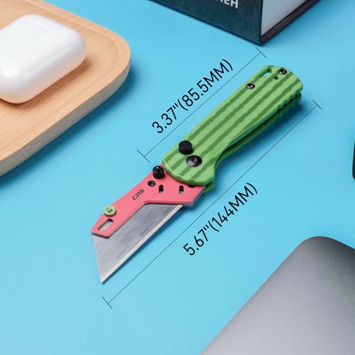 Image of CJRB Boxer Folding Utility Knife, Button Lock EDC Pocket Knife with G10 Handle, Includes 10PCS Total Blades(J1967 Watermelon Green)