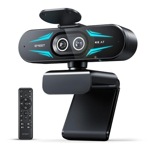 EMEET C60E Dual-Camera 4K Webcam for Streaming Wide-Angle and Telephoto Cameras Max 11X Hybrid Zoom & PDAF Autofocus Remote Control RGB Lighting 2 Mics Ideal for Livestreaming and Online Meeting