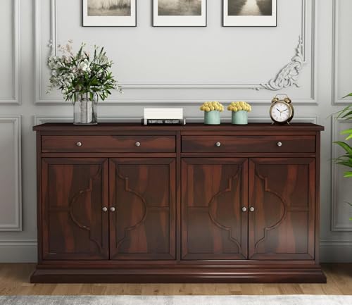 Image of Solid Sheesham Wood Sideboard Cabinet - Elegant Free-Standing Movable Chest of Drawers with 2 Drawers & 4 Shelf storag for Stylish Living Room Walnut