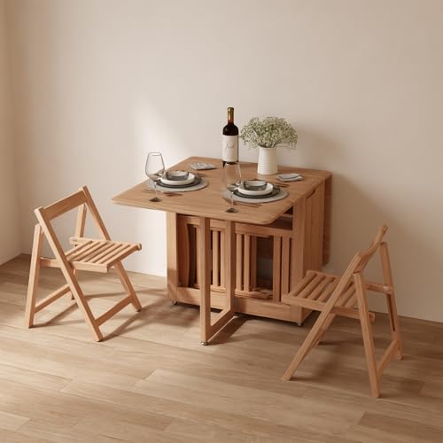 Image of AnywaysWood Folding Dining Table with 2 Foldable Chairs Set, Space Saving Extendable Solid Wood Drop Leaf Table for Kitchen Dining Living Room Small Spaces Easy Assembly (55.12 inchx31.5 inchx30.1 inch)