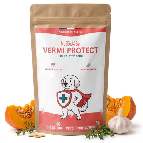 Vermifuge Naturel Chien Chat - Antiparasitaire Plantes Courge Ail Thym - vers Intestinaux - 60 Comprimés - Chien 2-10kg 10-20kg 20-40kg - Formulé par des Vétérinaires - Fabriqué en France