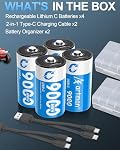 Artman paquet de 4 1.5V Batterie rechargeable Lithium C avec 2 en 1 USB-C Câble de recharge, 9000mWh, Batterie Ion lithium C de haute capacité pour jouets réflecteurs, recharge