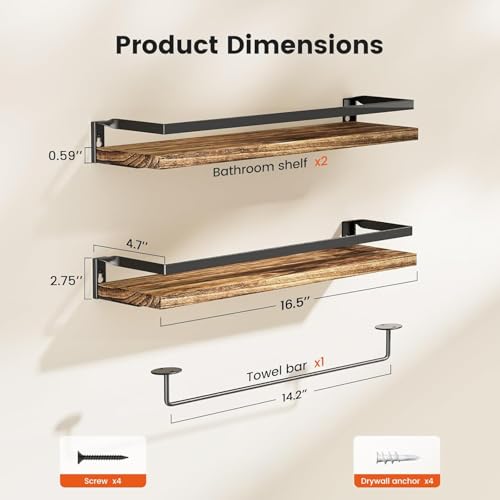 Image of UHUD CRAFTS Set of 2 Bathroom Shelves with Towel Bar, Wall Mount Floating Shelves for Bathroom /Living Room /Kitchen /Bedroom | Dark Burnt Wooden Wall Shelves