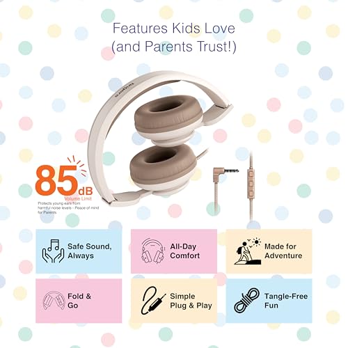 Image of FINGERS HappyHertz Wired Headphones for Kids (85 dB Volume Limit Safe Sound, Super-Soft Cushions, Foldable Design, Tangle-Free Cable, Perfect for Music, Learning & Fun) - Caramel Beige