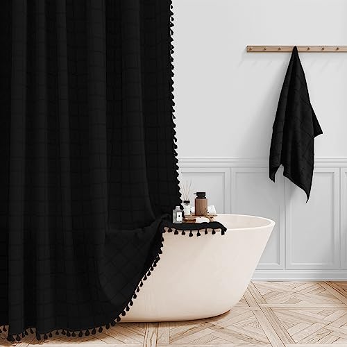 Image of BTTN Black Boho Farmhouse Shower Curtain, Linen Rustic Heavy Duty Fabric Shower Curtain Set with Tassel, Water Repellent, Bohemian Vintage Country Thick Cloth Shower Curtains for Bathroom, 72x72
