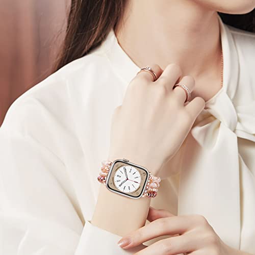 Image of MOFREE Beaded Bracelet Compatible with Apple Watch Band 38mm /40mm /41mm /42mm, Fashion Elastic Stretch Women Bands for iWatch Series 11 /10 /9 /8 /7 /SE /6 /5 /4 /3 /2 /1 iPhone Watch Strap Bands Rose Gold /Crystal