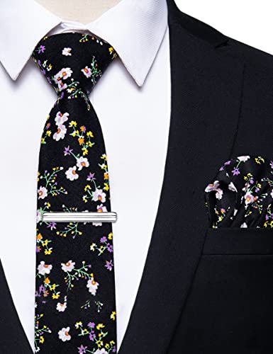 Image of YourTies Cotton Floral Tie for Men 2.5 inch Printed Skinny Necktie Pocket Square Tie Clip Set Flower Wedding Party Groom