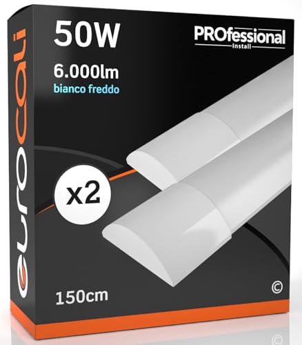 Eurocali Plafoniera LED soffitto 150cm 50W Lineare 6000 lumen - Luce Bianco Freddo 6500K - Pacco da 2 plafoniere