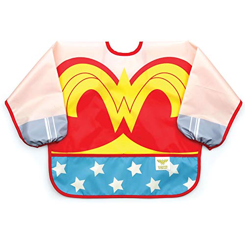 Image of Bumkins Sleeved Baby or Toddler Bib, Smock, Waterproof Fabric, Fits Ages 6-24 Months, DC Comics Wonder Woman