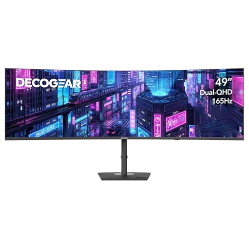 Deco Gear 49" Curved Ultrawide DQHD Monitor, 5120×1440 165Hz 1500R, USB-C 65W KVM, HDR Adaptive Sync, Dual HDMI 2.1, DP 1.4, Speakers, Ergonomic, American Seller