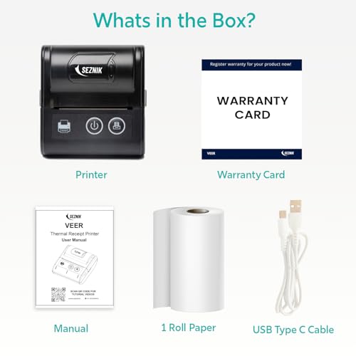 Image of SEZNIK Veer Bluetooth+USB Thermal Receipt Printer 48 mm | Rechargeable Inkless | Mobile, Desktop Compatible | 1 Year Warranty (Veer - Receipt Printer)