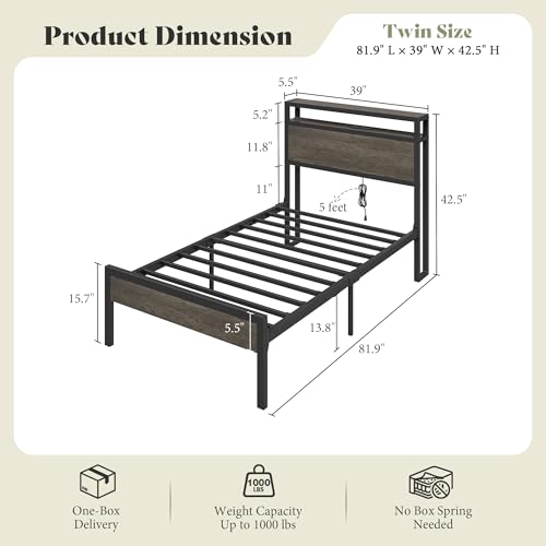 Image of AMERLIFE Twin Size Bed Frame with Storage Headboard & Charging Station, Industrial Metal Platform Bed with Large Under-Bed Storage, Heavy Duty Slats, No Box Spring Needed, Rustic Grey