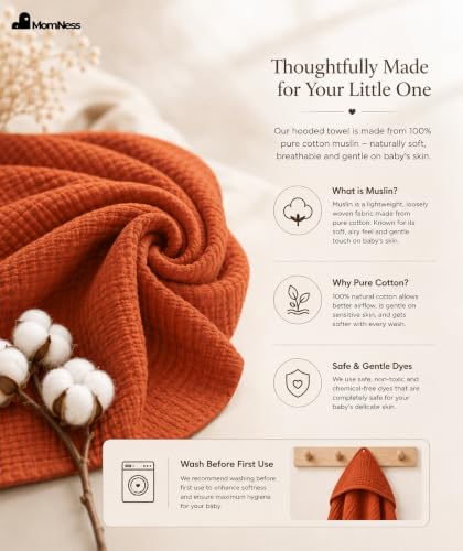 Image of Baby Hooded Bath Towel 100% Cotton Muslin 76x76 cm, 0-3Y, Newborn | Breathable, Lightweight,100% Muslin Cotton
