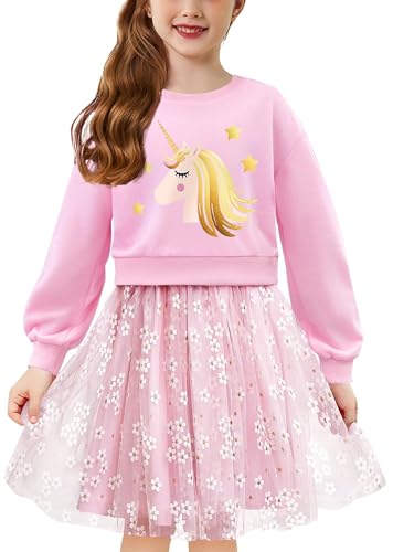 Arshiner Mädchen Kleider Tüll Spleißen Langarmkleid Kinder Rundhals...