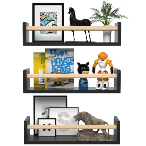 Image of ZCO Black Floating Book Shelves for Wall, 16 Inch Nursery Book Shelves, Floating Shelves for Room for Nursery Decor Book Selves for Wall Room, Living Room, Kitchen Spice Rack, Black-Natural, Set of 3