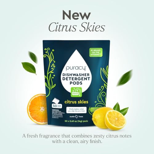 Puracy Dishwasher Pods, Natural Dishwasher Detergent, Citrus Skies Dish tabs - Enzyme-Powered, Spot & Residue Free - TikTok Trend Items, Must Haves from TikTok (Citrus Skies, 50 Count - 2 Pack)