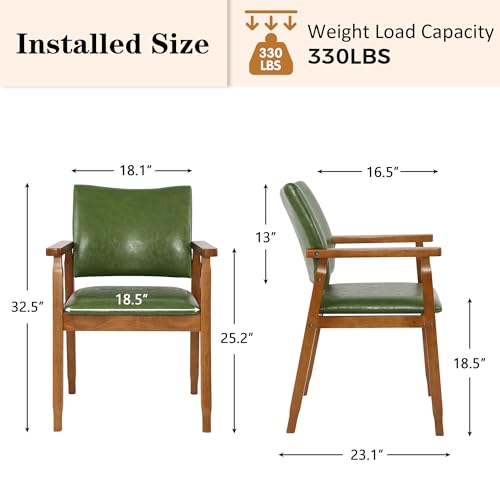Image of NOBPEINT Mid-Century Modern Dining Chairs with Armrest Set of 2, PU Leather Upholstered Dining Room Chairs with Solid Wood Frame, Walnut Kitchen Armchairs for Kitchen Living Room Restaurant, Green