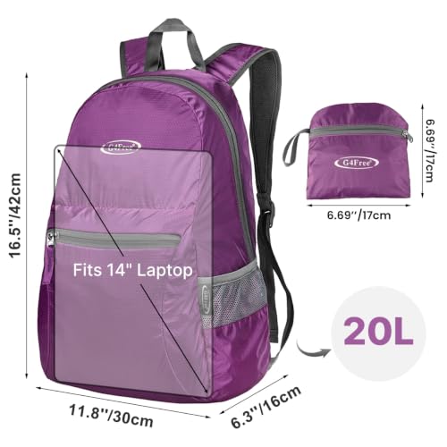 Image of G4Free 20L Small Packable Travel Hiking Backpack for Men Women | Lightweight Foldable Waterproof Daypack for Outdoor, Purple