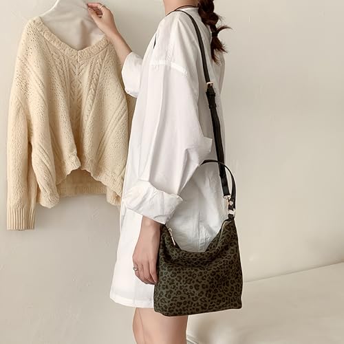 Image of Women's Faux Suede Lightweight Top Handle Crossbody Bag Leopard Print Purse Animal Small Handbag