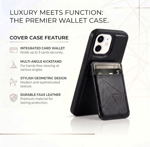 Image of amazon basics Premium Vegan Leather Back Cover with Card Holder and Integrated Mobile Stand for iPhone 12 Pro - Slim Shockproof Wallet Case with Geometric Stitching [Black]