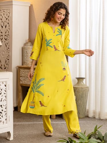 Image of INDO ERA Women's Viscose Rayon Animal Embroidered A-Line Calf Length Kurta & Palazzo Set (IEOUT12072)
