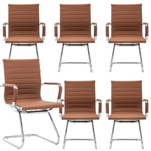Image of Conference Room Chairs Set of 6, Waiting Room Chairs with Arms, Faux Leather Reception Chairs No Wheels, Office Guest Chairs with Mid Back Support and Chrome Sled Base, Cafe