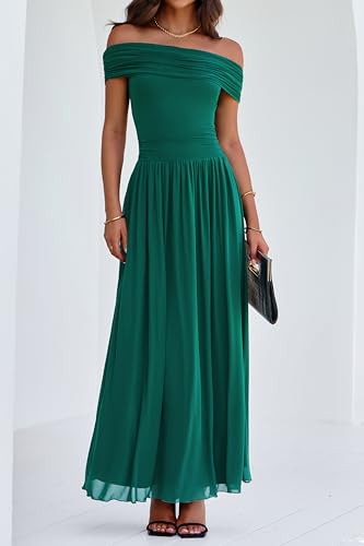 Image of MASCOMODA Women Off The Shoulder Mesh Maxi Dress Bodycon Ruched Formal Sleeveless Pleated Cocktail Wedding Guest Long Dresses