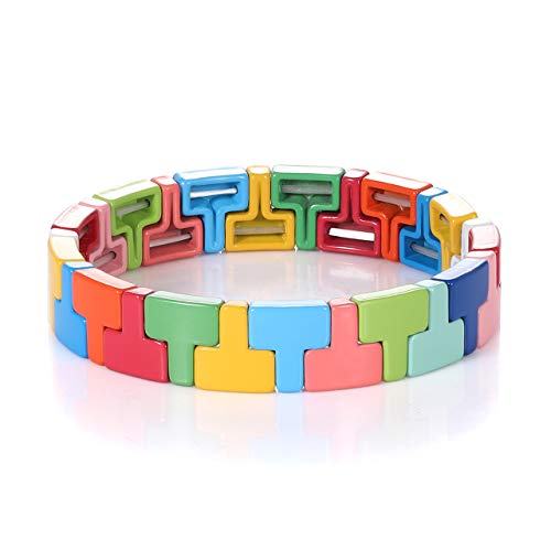 PSHELL Enamel Tile Bracelet for Women Rainbow Stretch Bracelet Colorful Beaded Strand Bracelet Stackable Color-Block Tile Bracelet (T-Shaped Tile Style)