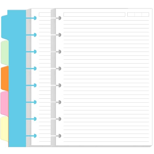 Junior Size Lined Paper Refills - 100 Sheets/200 Pages 8-Disc Refill Paper, 5 Colorful Sheets Dividers, 5.8" x 8.5"