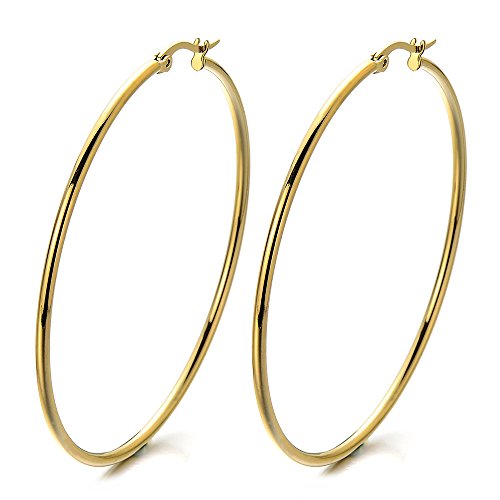 Pair Stainless Steel Large Plain Circle Huggie Hinged Hoop Earrings for Women Gold Color