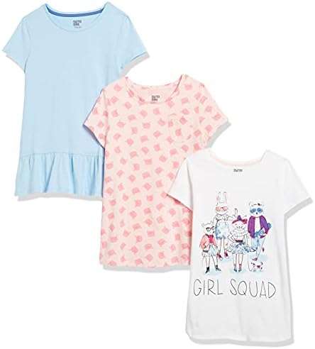 Amazon Essentials Toddler Girls' Short-Sleeve and Sleeveless Tunic Tops (Previously Spotted Zebra), Pack of 3, Blue/Pink/Grey, 4T