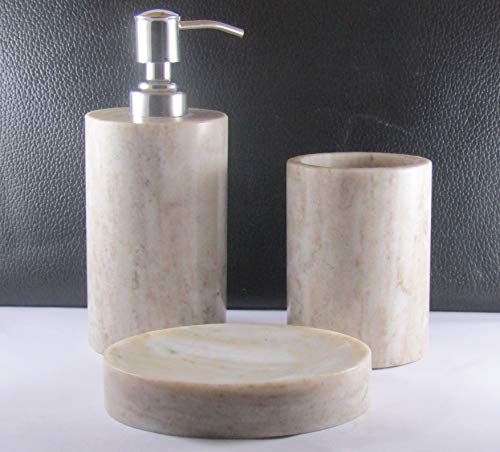 Image of Marble Soap Dispenser, Tumbler & Soap Dish for Bathroom & Kitchen Accessories - Set of 3 (Square, White) Handwash /Shampoo /Lotion /Toothbrush Holder | Liquid Soap Container for Counter Top